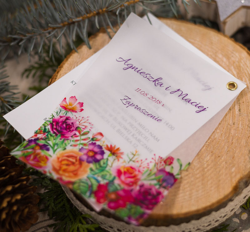 Zaproszenia ślubne z kalką z kwiatami - różowe i fioletowe